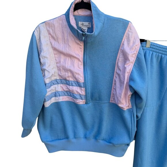 Bocoo Vintage 80s Womens Fleece Nylon Pastel Blue Pink Top Joggers Tracksuit Set - Picture 3 of 11
